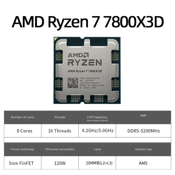 AMD Ryzen 7 7800X3D R7 7800X3D 5.0 GHz 8-Core 16-Thread CPU 5NM 96M 100-100000910 Socket AM5 New Tray Without Cooler CPU