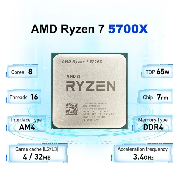 AMD Ryzen 7 5700X 8-Core 16-Thread L3=32M 3.4GHz Gaming Processor 65W 7NM R7 5700X DDR4 Socket AM4 No Fan