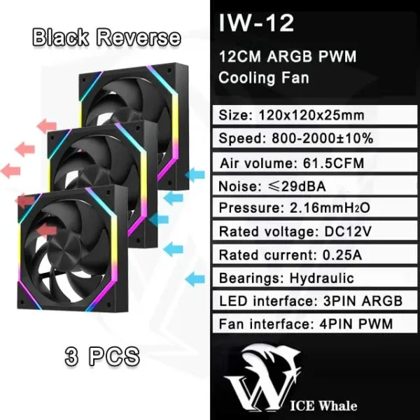 ICE Whale IW-12 Computer PC Case Fan 120mm ARGB 4Pin PWM Cooling Fan Motherboard Sync 61.5CFM/2000RPM CPU Cooler Ventilator