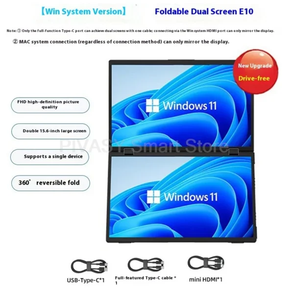 15.6 Inch Dual Screen Portable Monitor for PS5 Switch Hosts HD 1080P PC Secondary Screen 360° Rotation One-Cable LCD IPS Panel