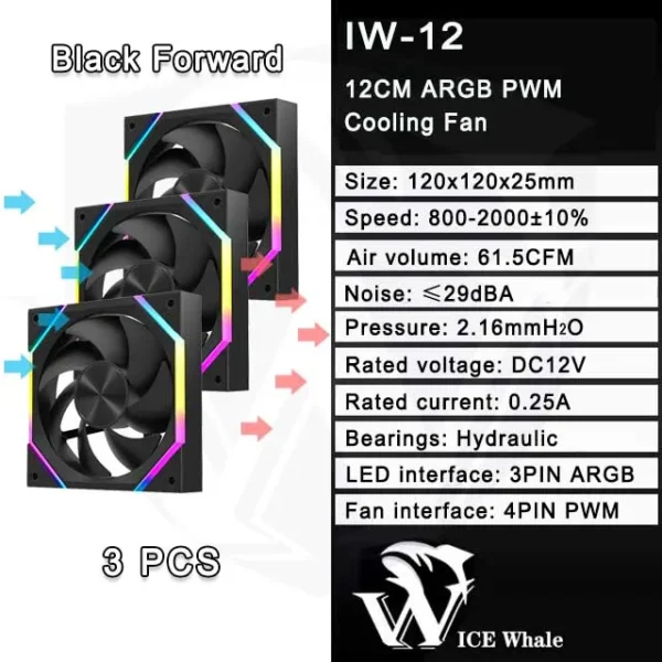 ICE Whale IW-12 Computer PC Case Fan 120mm ARGB 4Pin PWM Cooling Fan Motherboard Sync 61.5CFM/2000RPM CPU Cooler Ventilator