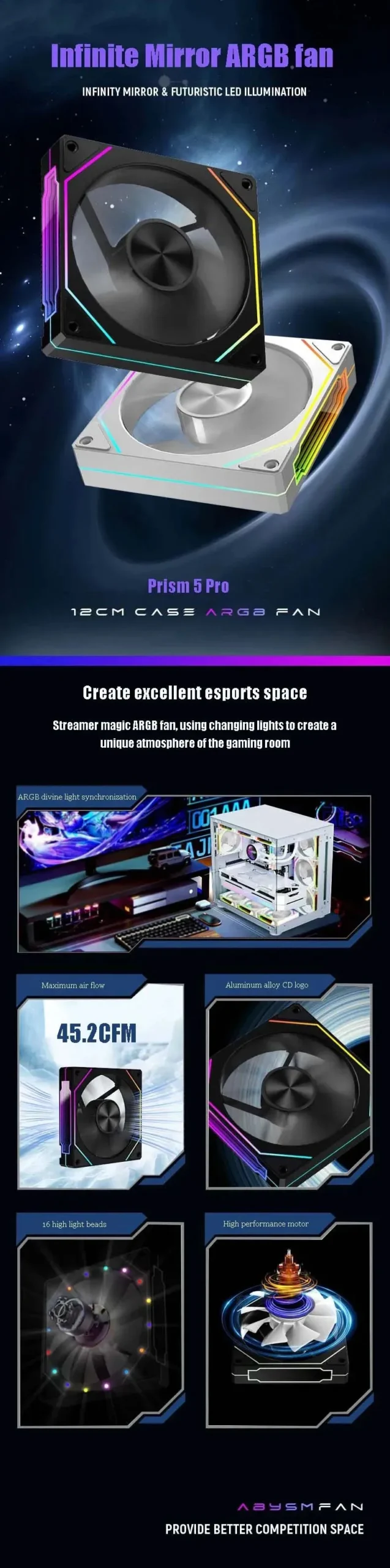 LDPCSJ Prism 4RS 120mm ARGB PC Case Fan with Infinity Mirror Design Motherboard Sync 4PIN PWM CPU Cooler Ventilador