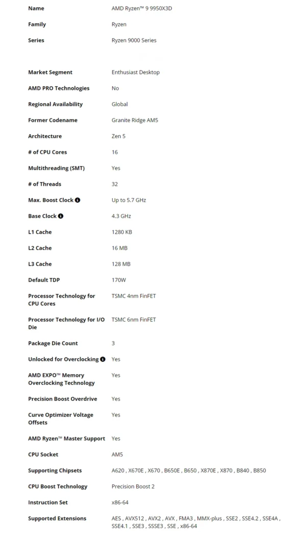 AMD Ryzen 9 9950X3D Game CPU R9 9950X3D Up to 5.7GHz 16-Core 32-Thread Socket AM5 128MB Cache Gaming Processor without Package