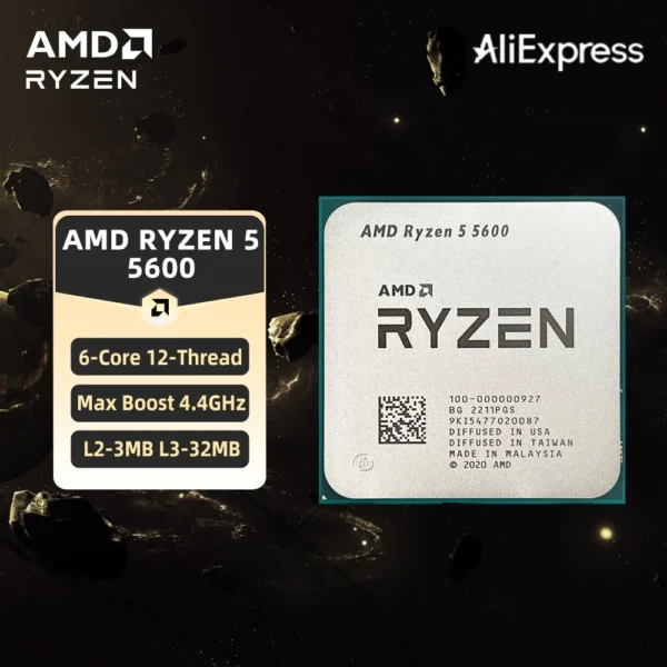AMD Ryzen 5 5600 CPU AMD R5 5600 Processor 4.4GHz 6-Core 12-Thread 32MB Cache Socket AM4 Desktop PC Gaming CPU