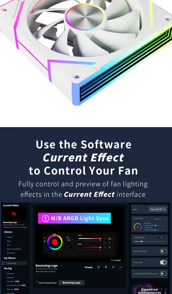 Power Train PRISM 8 PRO Computer Case Fan 120mm ARGB 4Pin PWM Quiet CPU Cooling Fan 12V Large Air Volume 56.8CFM/600-1500RPM