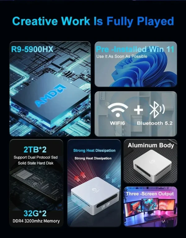 AMD Gaming Mini PC Ryzen 7 7730U 9 5900HX Windows 11 Pro 2xDDR4 2xNVMe Gamer Desktop Computer 3*8K Display HTPC WiFi6 BT5.2