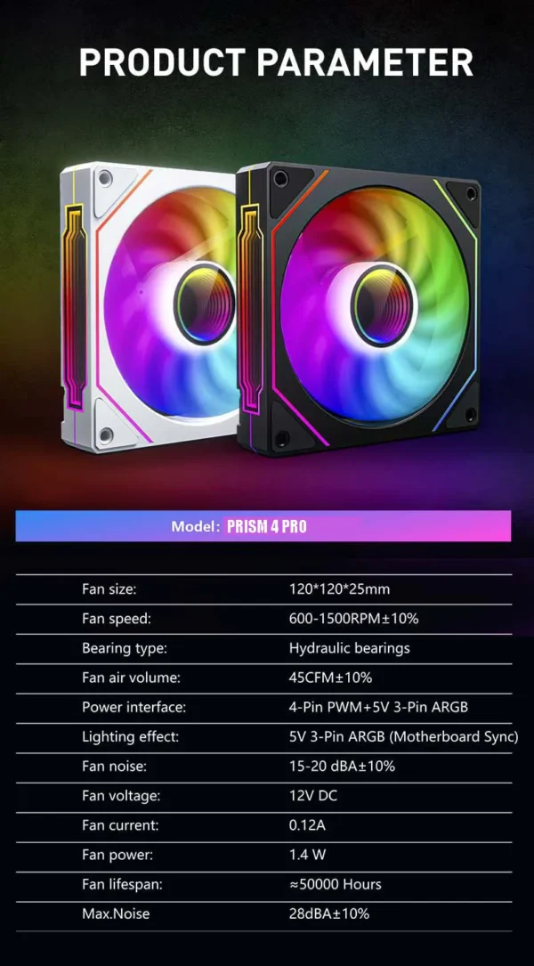 OEM PRISM 4 PRO Computer Chassis Fan 120mm 5V 3PIN ARGB 4 Pin PWM Quiet Cooling Fan 12V Large Air Volume 45.2CFM/600-1500RPM
