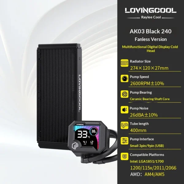 LOVINGCOOL AK water cooler 240mm 360mm broken code screen dynamic digital display liquid cooler ARGB Abyss Mirror Cold radiator