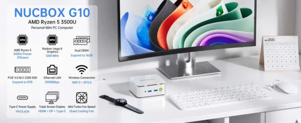 GMKtec G10 AMD Ryzen 5 3500U Mini PC DDR4 3200Mhz PCie 3.0 NVMe SSD Wifi5 BT5.0 Triple Screen Display COMPUTER Wins 11