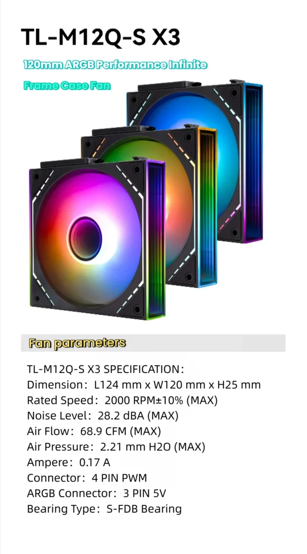 Thermalright TL-M12Q-S X3 Computer Case Fan, ARGB 120mm PC Case Fan/Daisy Chain/Infinity Mirror/Silent/PWM