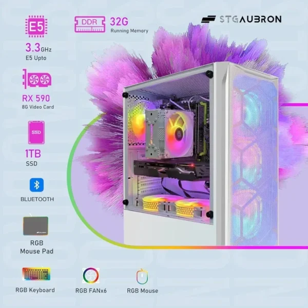 Gaming Desktop, Radeon RX 590 8G GDDR5, Core Xeon E5 2.5G up to 3.3G, 32G Memory, 1T SSD, 600M WiFi, BT 5.0, RGB Fan