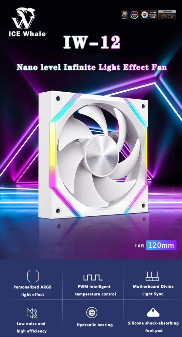 ICE Whale IW-12 Computer PC Case Fan 120mm ARGB 4Pin PWM Cooling Fan Motherboard Sync 61.5CFM/2000RPM CPU Cooler Ventilator