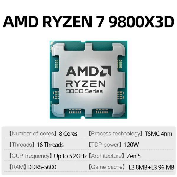 AMD Ryzen 7 9800X3D 100% Brand New AMD R7 9800X3D Max Boost 5.2GHz 8-Core 12-Thread 64MB Cache AM5 without Box for B850 X870