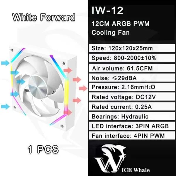 ICE Whale IW-12 Computer PC Case Fan 120mm ARGB 4Pin PWM Cooling Fan Motherboard Sync 61.5CFM/2000RPM CPU Cooler Ventilator