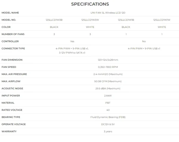 LIAN LI UNI FAN SL Wireless 120 Single Pack , Reverse Blade Triple Pack, LCD 120 Single Pack, Case fan, water cooled fan