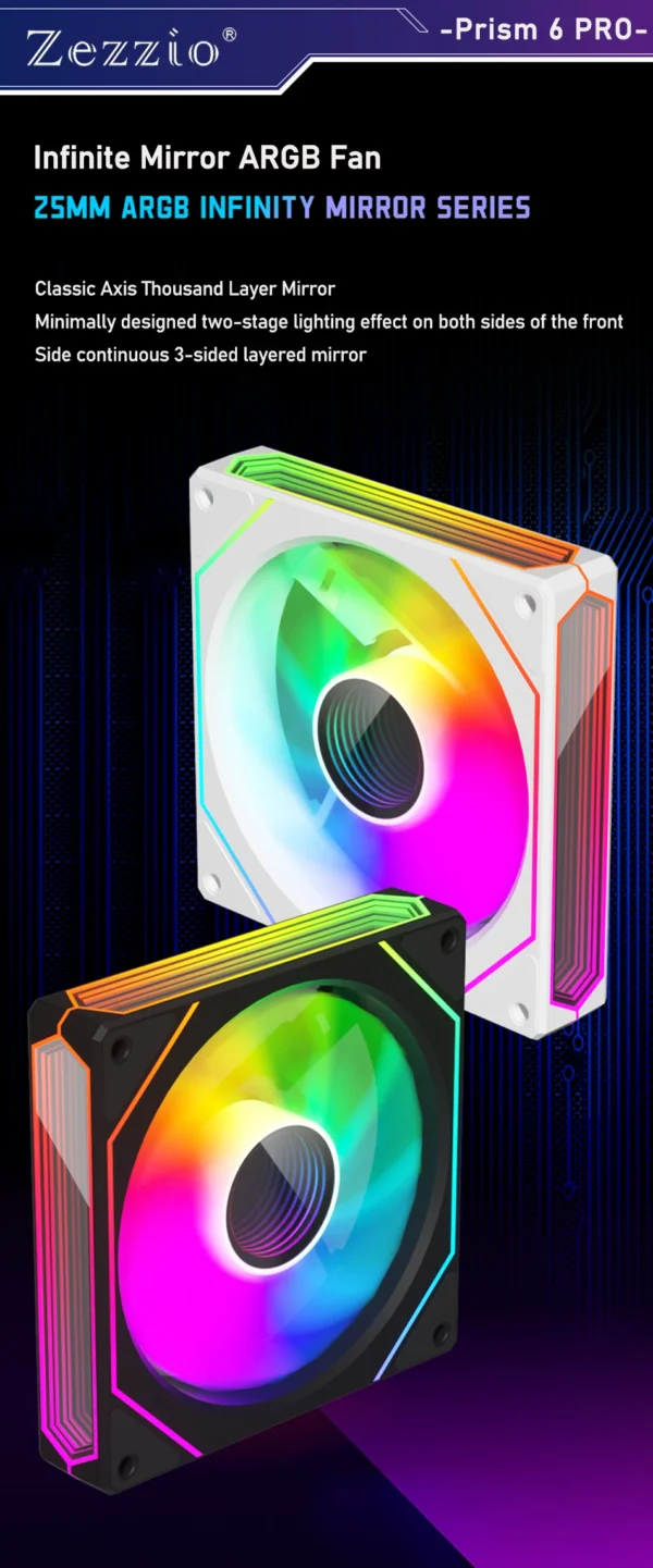 Zezzio Prism 6 PRO 120mm PC Case Fan ARGB 12V 4PIN PWM Air Cooler CPU Cooling Fan 3-sided Infinite MirrorCompute Chassis Fan