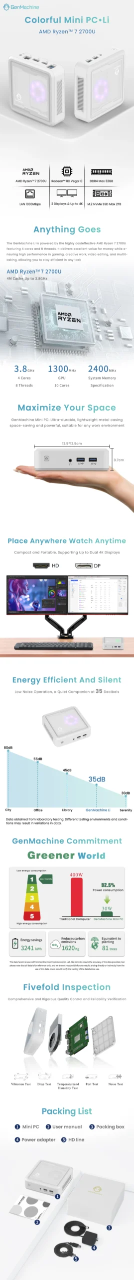 Gemachine Lighte AMD Ryzen7 2700U Mini PC 4C8T 22-38GHz DDR4 M2 2280 WiFi5 Win11 Desktop Gaming Computer