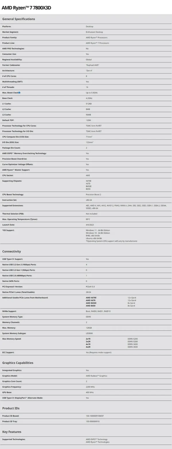 AMD RYZEN 7 7800X3D Brand New CPU Gaming Processor AMD R7 7800X3D 8-Core 16-Thread 5NM 96M Socket AM5 Without Fan Game Cache Hot