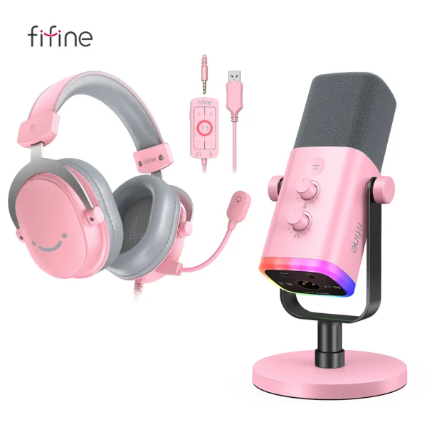 FIFINE Gaming Streaming Headset and Microphone Kit with Gain Knob/RGB/Monitor,for PC/MAC/PS4/PS5/Mixer/YouTube/Steam-AM8TP/H9P
