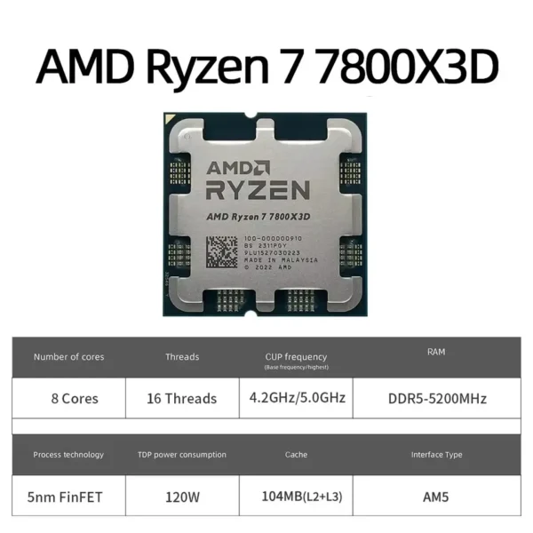 AMD Ryzen 7 7800X3D 4.2GHz L3=96M Processor 120W 8-Core 16-Thread R7 7800X3D Socket AM5 5NM DDR5 but No Fan