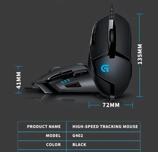 Logitech G402 Wired Gaming Mouse, Ergonomic, High Precision, Suitable for E-Sports and Office, Compatible with Laptops