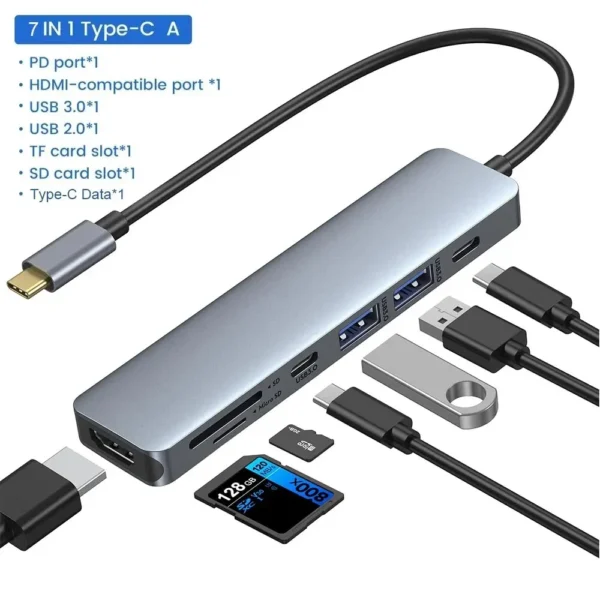 7 in 1 USB C Hub Adapter to 4K HDMI-Compatible SD TF Card Reader USB 3.0 2.0 Type C PD Charging for MacBook Pro Laptops