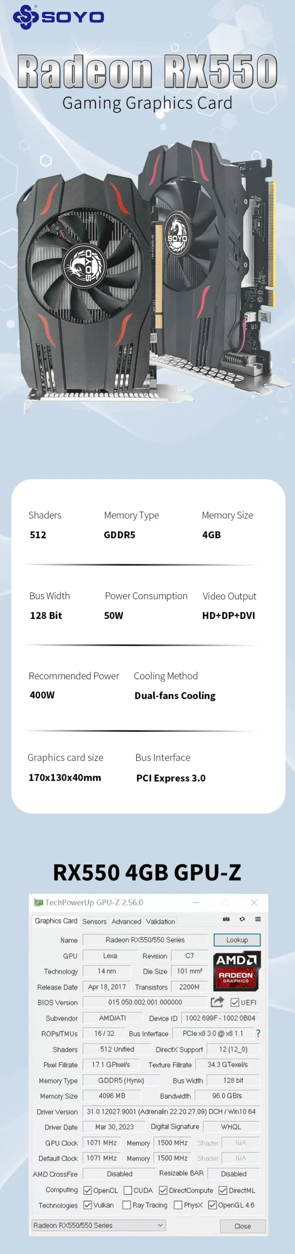 SOYO AMD Radeon RX550 4GB GPU GDDR5 14nm For Desktop PC Games Video RX560 Graphics Card 128bit RX 550 Computer Components