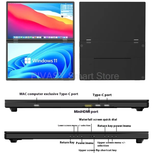 15.6 Inch Dual Screen Portable Monitor for PS5 Switch Hosts HD 1080P PC Secondary Screen 360° Rotation One-Cable LCD IPS Panel