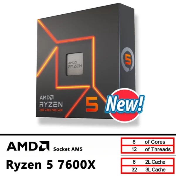 AMD New Ryzen 5 7600X CPU R5 7600X 4.7 GHz 6-Core 12-Thread 5NM L3=32M 100-000000593 Socket AM5 Sealed Without cooler
