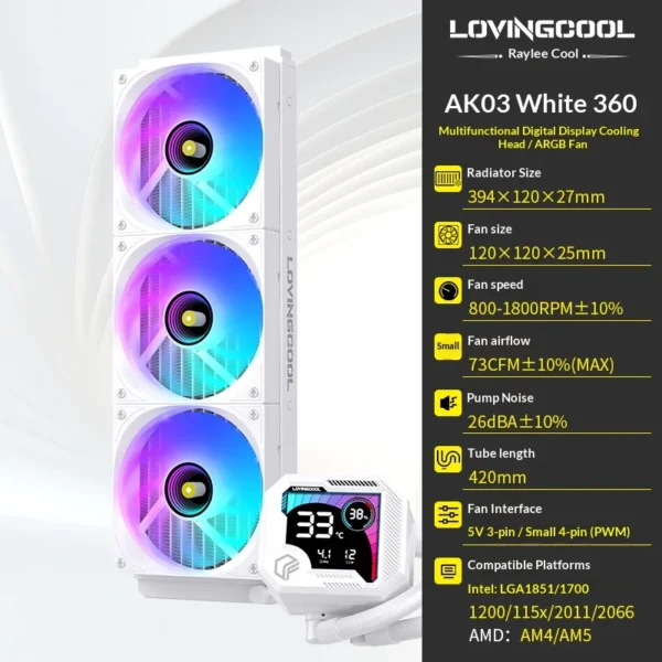LOVINGCOOL AK water cooler 240mm 360mm broken code screen dynamic digital display liquid cooler ARGB Abyss Mirror Cold radiator