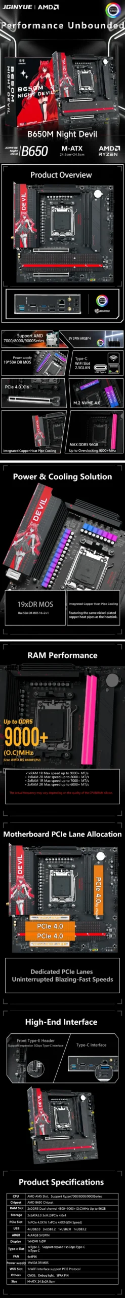 JGINYUE B650M Night Devil Motherboard Supprot Ryzen 7500F/7600X/9600X/7700/7800X3D CPU 2*16GB DDR5 6000Mhz No WiFi B650 M-ATX