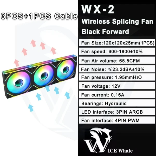 ICE Whale WX-2 Wire-Splicing PC Case Cooling Fan ARGB Mirror Cycle Light Effect 600-1800RPM PWM Water Cooling 360mm Cooler Fan