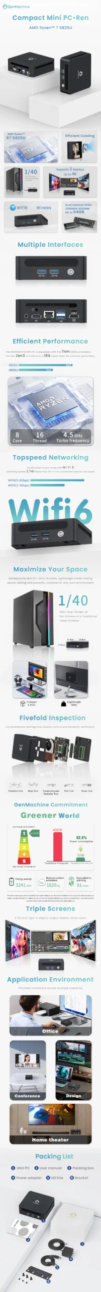 GenMachine AMD Ryzen™ 7 5825U Windows 11  MINI PC 8 Core 16 Thread 2.0GHz Up to 4.5GHz TDP 15W DDR4 SSD WIFI6 BT5.2 Desktop Gami