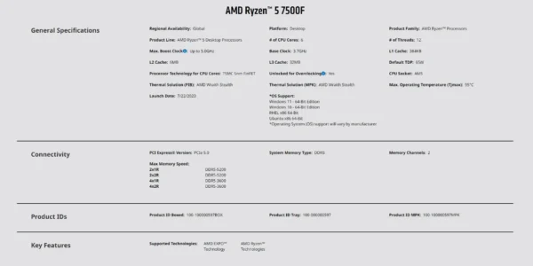AMD Ryzen 5 7500F R5 7500F CPU Ryzen Processor 6 Core 12 Thread 65W 5nm Socket AM5 Procesador 라이젠 процессор PC Gamer Desktop