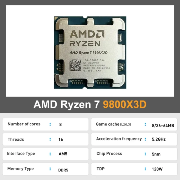 AMD Ryzen 7 9800X3D New Gaming CPU 8-Core 16-Thread 5.2GHz L3=96M 4NM TDP 120W R7 9800x3d Socket AM5 100-100001084 But Not Fan