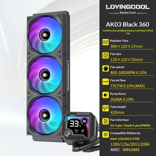 LOVINGCOOL AK water cooler 240mm 360mm broken code screen dynamic digital display liquid cooler ARGB Abyss Mirror Cold radiator