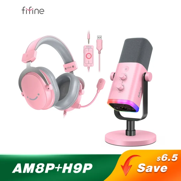 FIFINE Gaming Streaming Headset and Microphone Kit with Gain Knob/RGB/Monitor,for PC/MAC/PS4/PS5/Mixer/YouTube/Steam-AM8TP/H9P