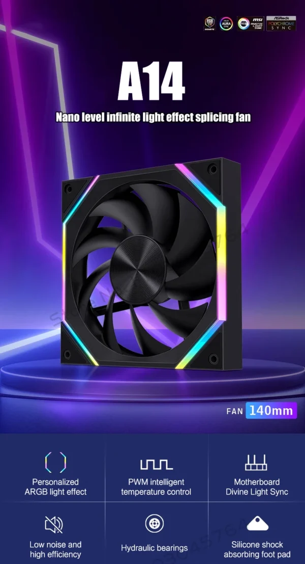 140 Case Fan ARGB, Silent 6-30dBa 89CFM Big Airflow, 14CM PC Cabinet 14025 Cooler Support Mobo 5V ARGB SYNC, Reverse Or Forward