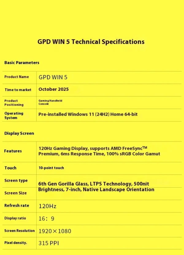 New GPD Win5 7" 120Hz 1080P LTPS Screen Handheld Gaming Console AMD395 M.2 2280 SSD Windows11 RGB Ergonomic Handheld Game Player