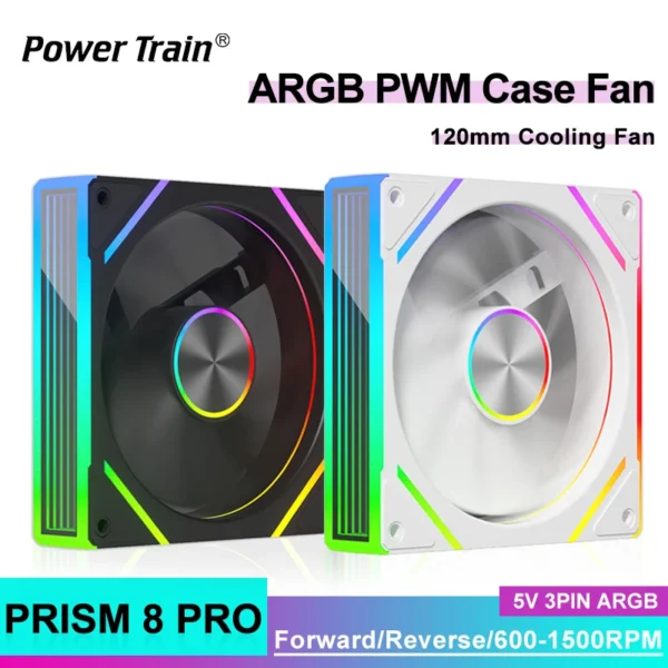 Power Train PRISM 8 PRO Computer Case Fan 120mm ARGB 4Pin PWM Quiet CPU Cooling Fan 12V Large Air Volume 56.8CFM/600-1500RPM