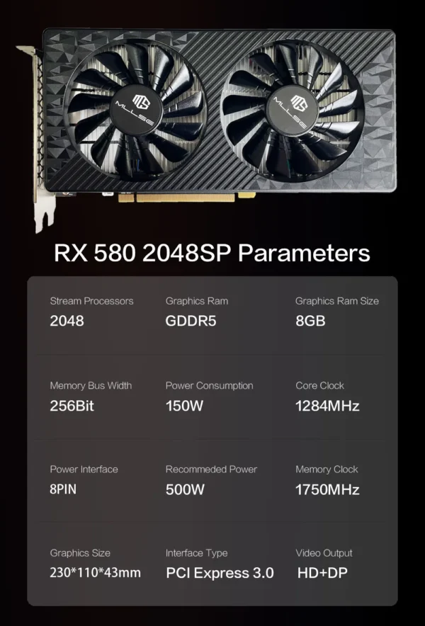 MLLSE AMD RX 580 8GB 2048SP Gaming Graphics Card GDDR5 256Bit PCI-E 3.0 ×16 8Pin Radeon GPU Rx 580 Video Card Placa De Video