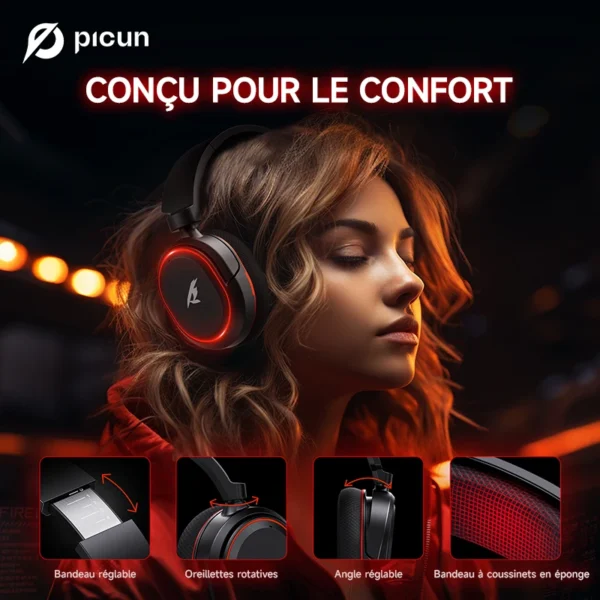 Picun G2 2.4G Wireless Gaming Headset Bluetooth Headphones 5ms Low Latency 7.1 Surround ENC Mic For PC PS4 PS5 Phone Switch
