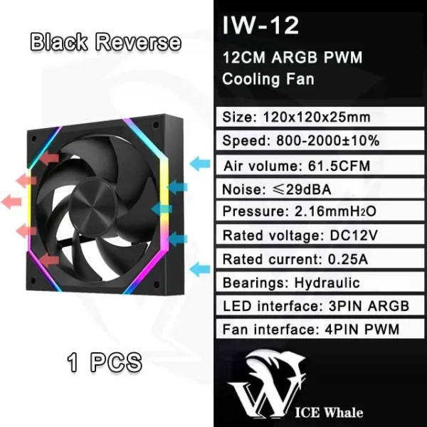 ICE Whale IW-12 Computer PC Case Fan 120mm ARGB 4Pin PWM Cooling Fan Motherboard Sync 61.5CFM/2000RPM CPU Cooler Ventilator