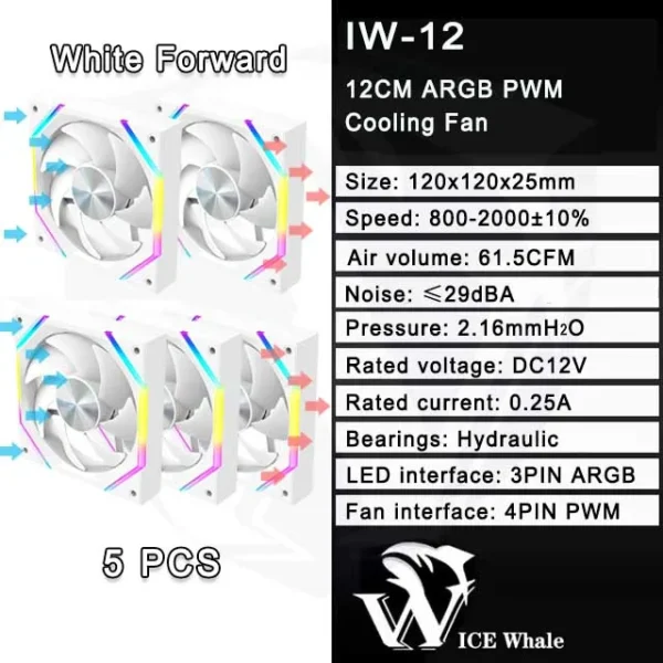 ICE Whale IW-12 Computer PC Case Fan 120mm ARGB 4Pin PWM Cooling Fan Motherboard Sync 61.5CFM/2000RPM CPU Cooler Ventilator