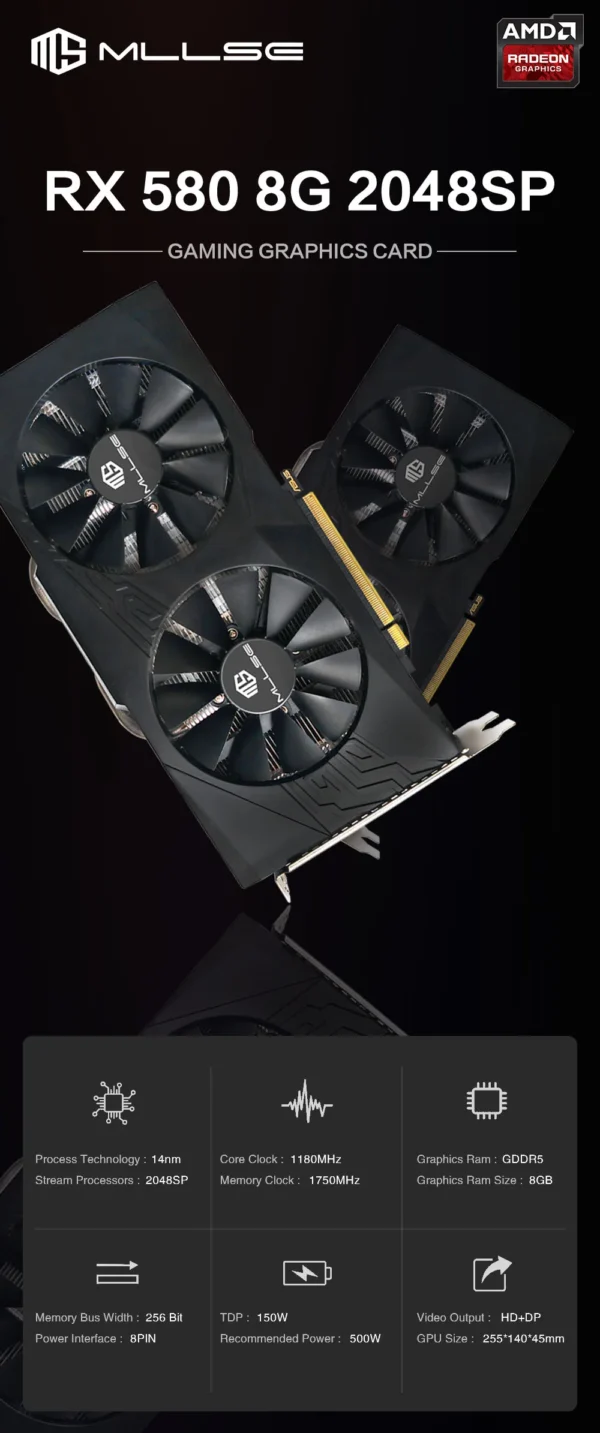 MLLSE AMD RX 580 8GB 2048SP Gaming Graphics Card GDDR5 256Bit PCI-E 3.0 ×16 8Pin Radeon GPU Rx 580 Video Card Placa De Video