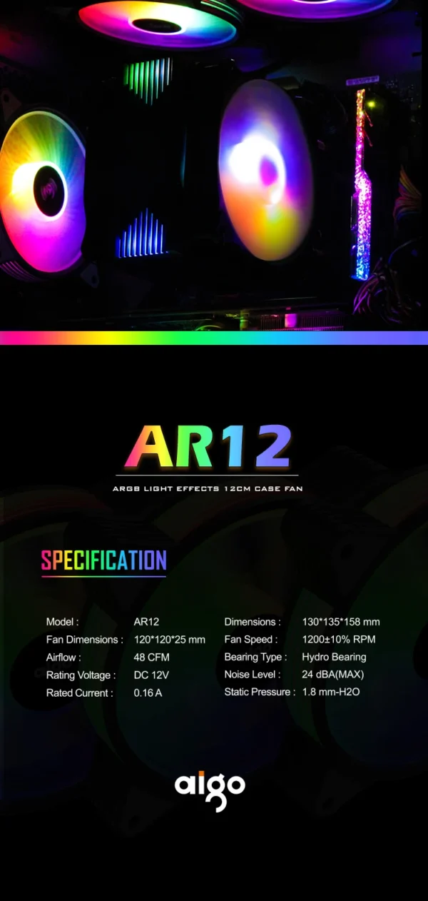 Aigo AR12 120mm PC Gamer Computer Case Fan RGB 12v Heatsink Aura Sync Cooler Argb Silent Controller Kit Fan Cooling Ventilador