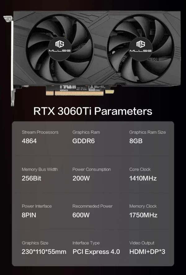 MLLSE RTX 3060Ti 8GB Graphics Card GDDR6 256Bit PCI Express 4.0 ×16 8Pin NVIDIA GPU Rtx 3060Ti Gaming Video Card Placa De Video