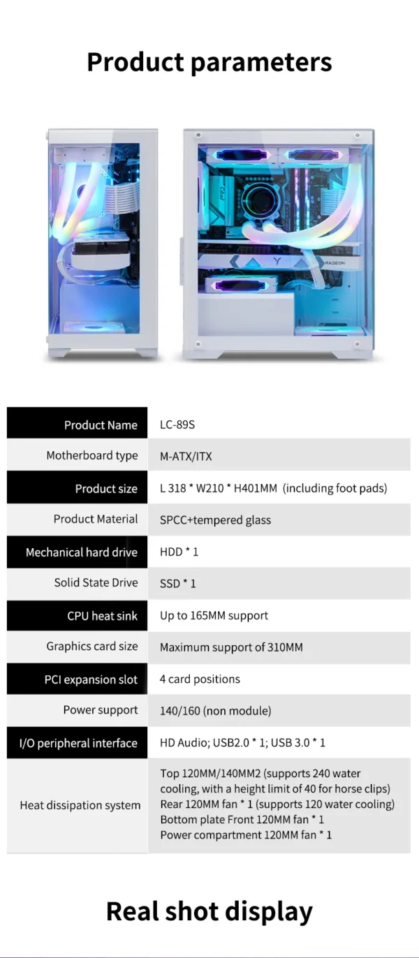 LED PC Gaming Case with Micro Support Audio Front Ports  Fan and Water Cooling for Desktop CPU Cabinet