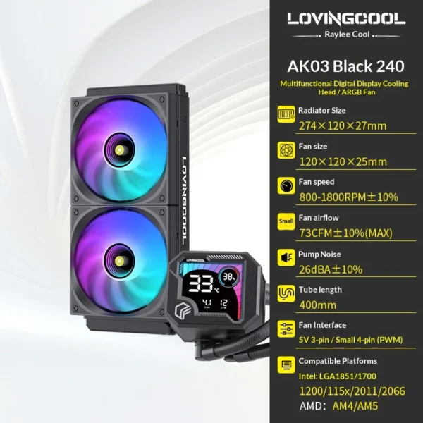 LOVINGCOOL AK water cooler 240mm 360mm broken code screen dynamic digital display liquid cooler ARGB Abyss Mirror Cold radiator