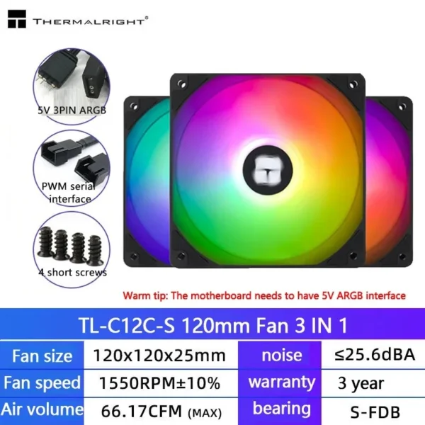 Thermalright TL-C12C 3 in 1 120mm Cooling Fan 5V ARGB gamer Adjust Speed Cooler argb Adjustable computer Case Fan ventilador
